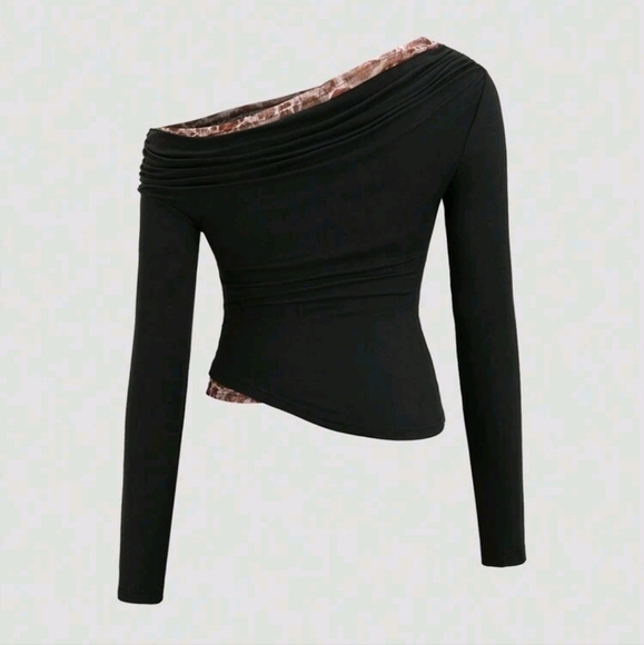 Women Oblique Shoulder Splicing Fabric Long Sleeve Tight Casual T-Shirt - Picture 4 of 4